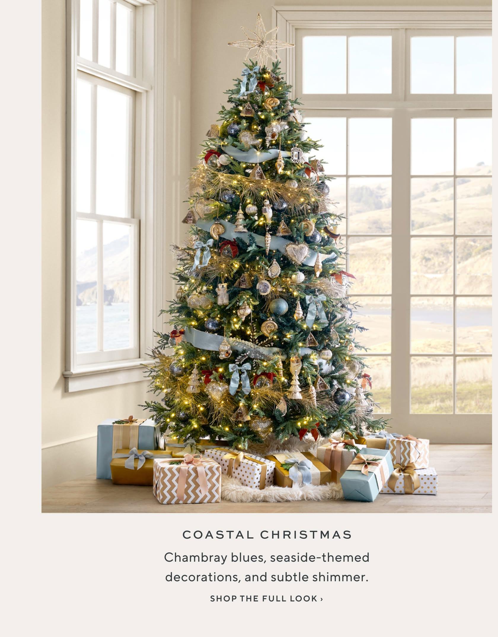 Coastal Christmas: chambray blues, seaside-themed decorations, and subtle shimmer. Shop the full look.